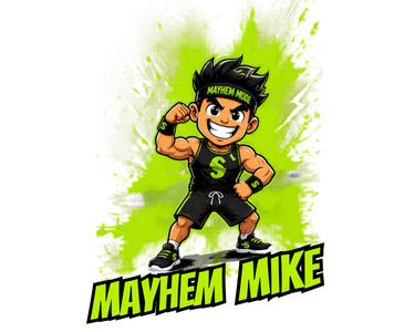Mayhem Mike, flexed and fired-up character